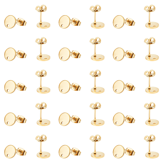 PVD Vacuum Plating 304 Stainless Steel Stud Earring Findings, Long-Lasting Plated, with Loop and Flat Plate, Flat Round