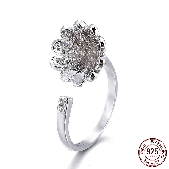925 Sterling Silver Cuff Rings, Design Ring Mounts Fittings with Pearl Seat, For Half Drilled Beads, with Cubic Zirconia, Flower