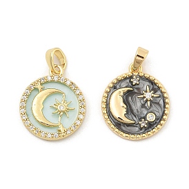 Rack Plating Brass Rhinestone Pendants, with Enamel, Flat Round with Moon & Star Charm, Real 18K Gold Plated