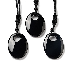 Natural Obsidian Pendant Necklace with Nylon Cord for Women, Oval