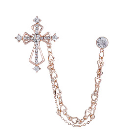 Religion Cross Hanging Chain Brooch with Rhinestone, Alloy Jewelry for Men's Suit Shirt Collar