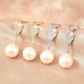 Brass Micro Pave Cubic Zirconia Hoop Dangle Earrings, Racket, with Glass and ABS Plastic Imitation Pearl, Lead Free & Cadmium Free, Long-Lasting Plated, Rack Plating