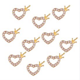 Brass Micro Pave Clear Cubic Zirconia Pendants, Heart with Crown