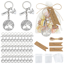 Llaveros de aleación, con anillas de hierro y bolsas de organza y cartulina de papel y cordón de yute, árbol de la vida