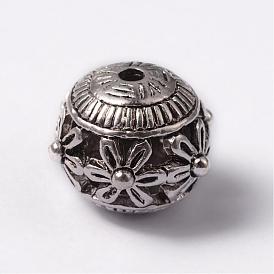 Round Tibetan Style Alloy Hollow Beads, 15x14mm, Hole: 2mm