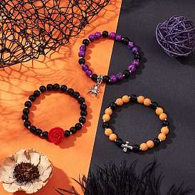 3шт. тематика Хэллоуина выпечка расписные стеклянные круглые бусины эластичные браслеты для женщин, с подвеской из сплава в тибетском стиле, подвесками и бусинами из смолы