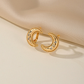 Серьги-кольца из латуни в форме луны, со стразами