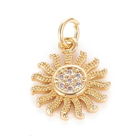 Brass Micro Pave Clear Cubic Zirconia Pendants, with Jump Ring, Sun