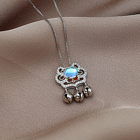 Moonstone Safe Lock Necklace Lion Dance Pendant Clavicle Chain Lion Dance Jewelry