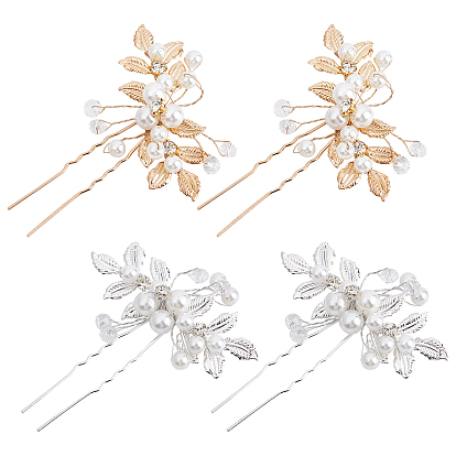 4Pcs 2 Colors Wedding Bridal Hair Forks, with Rhinestones and ABS Plastic Imitation Pearl Beads, Hair Accessories for Women