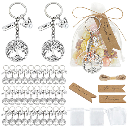 Llaveros de aleación, con anillas de hierro y bolsas de organza y cartulina de papel y cordón de yute, árbol de la vida