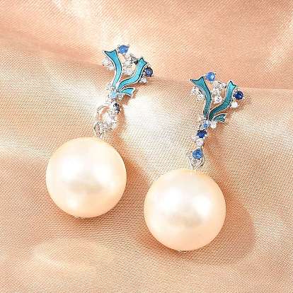 Серьги-гвоздики из латуни с кубическим цирконием и микропаве, с эмалью и абс пластика имитация жемчуга, без свинца и без кадмия, долговечный, стойки покрытие