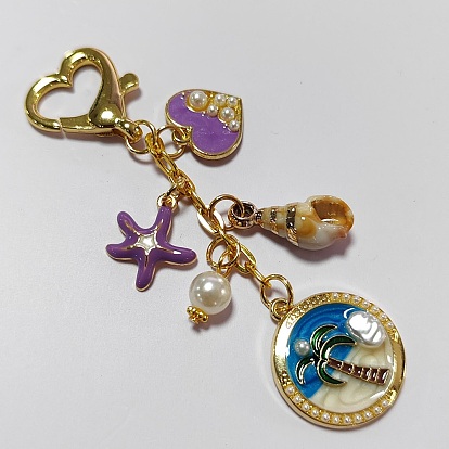 Adornos colgantes de aleación de esmalte, plástico ABS, perlas y acrílico., con cierres de mosquetón en forma de corazón, dorado, plano y redondo