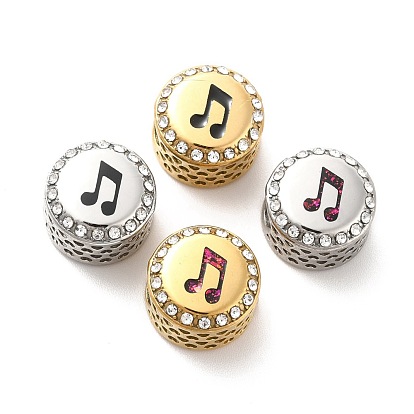 304 Stainless Steel European Beads, with Enamel & Rhinestone, Large Hole Beads, Flat Round with Note