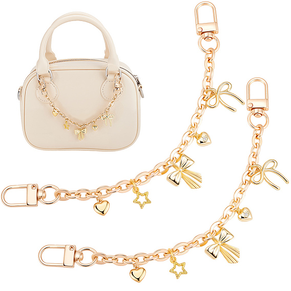 2Pcs Alloy & Brass Bowknot Star Heart Pendant Alloy Cable Chain Bag Decorative Chains, with Swivel Clasps