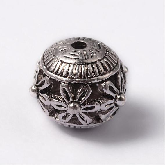 Round Tibetan Style Alloy Hollow Beads, 15x14mm, Hole: 2mm