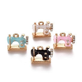 Alloy Pendants, with Enamel and Crystal Rhinestone, Sewing Machine, Golden