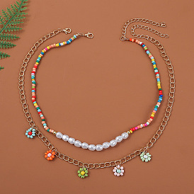 Bohemian Handmade Beaded Flower Necklace - European and American, Trendy, Multi-layer Pendant.