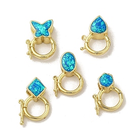 Rack Plating Brass Clasps, with Synthetic Opal, Cadmium Free & Lead Free, Long-Lasting Plated, Real 18K Gold Plated