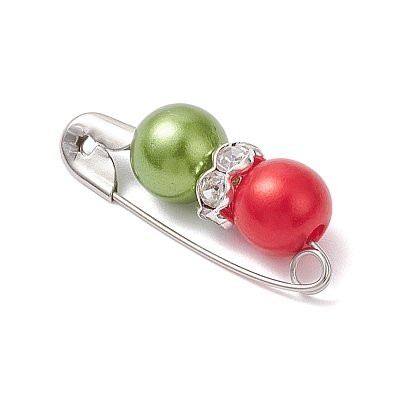 Рождественские круглые железные булавки, брошь-заколка для свитера и шали, с бусинами из искусственного жемчуга из АБС-пластика и латунными бусинами-разделителями из стразов