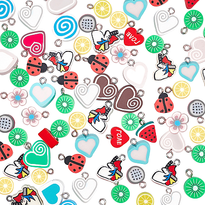 Handmade Polymer Clay Charms, with Platinum Plated Iron Findings, Mixed Shapes