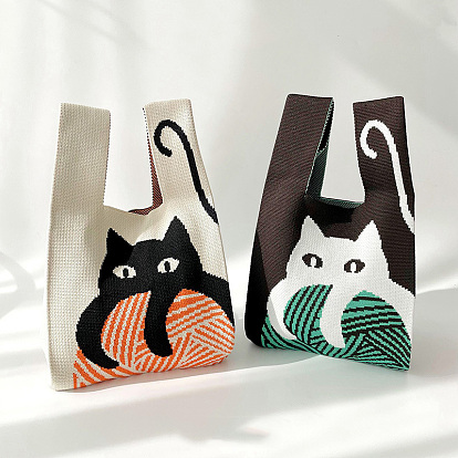 Sacs fourre-tout tricotés à imprimé chat en polyester, sacs à main au crochet de dessin animé pour les femmes