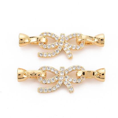 Brass Micro Pave Clear Cubic Zirconia Fold Over Clasps, Nickel Free, Bowknot