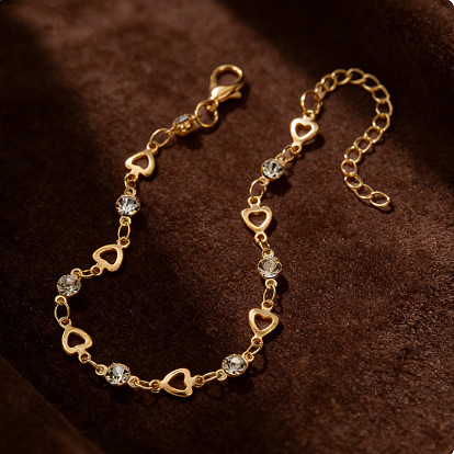 Pulseras de cadena con eslabones en forma de corazón, de aleación, cristal y diamantes de imitación para mujer