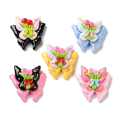 Непрозрачные кабошоны из смолы, бабочка с букетом