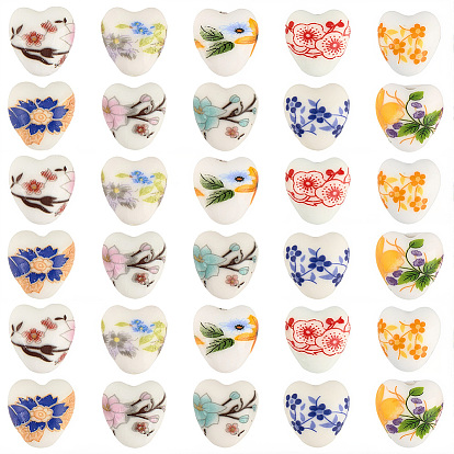 60шт 10 цвета фарфоровые бусины ручной работы, напечатанный, сердце с цветочным узором