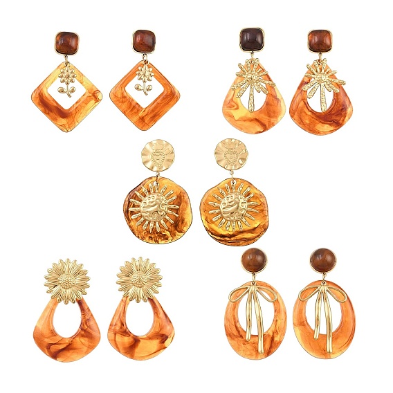 304 Stainless Steel & Resin Stud Dangle Earrings for Women, Golden