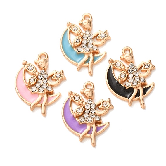 Alloy Enamel Pendants, Moon with Fairy Charms, with Rhinestone, Light Gold