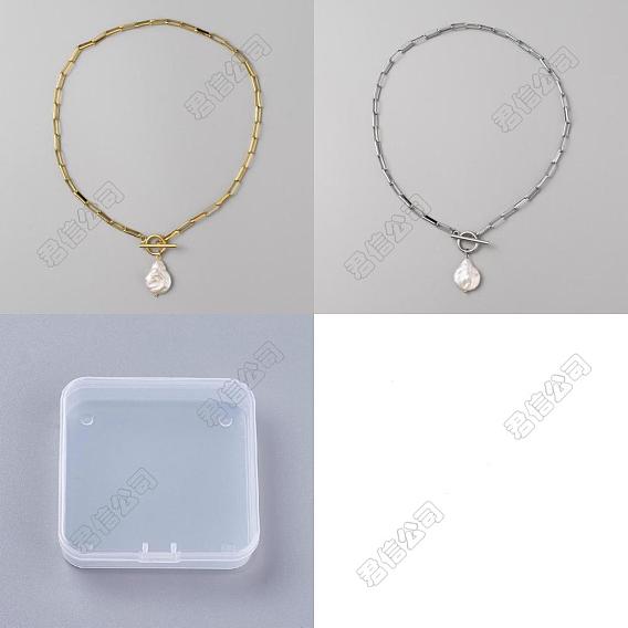 2шт 2 цвета натуральный жемчуг бусины подвеска ожерелье комплект, цепочки из нержавеющей стали скрепки штабелируемые ожерелья для женщин