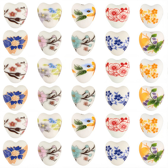 60шт 10 цвета фарфоровые бусины ручной работы, напечатанный, сердце с цветочным узором