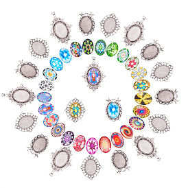 PandaHall Elite Tibetan Style Alloy Pendant Cabochon Settings and Mosaic Printed Glass Oval Cabochons, Oval