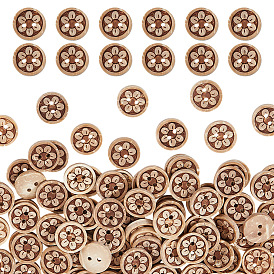 200шт. пуговиц из кокосовой скорлупы, 2-луночное, плоские круглые с цветочным узором