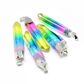 Natural Quartz Crystal Pointed Pendants, Big Pendants, with Iron Findings, Plated Platinum, Nuggets, Dyed