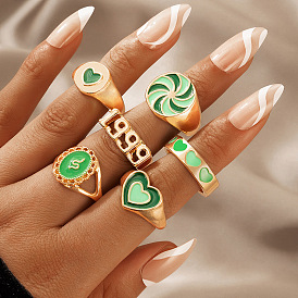 Green Oil Heart Windmill Snake 6-Piece Ring Set with Sentimental Charm