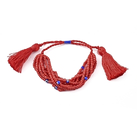 Adjustable Glass Seed Beads Braided Bead Bracelets, Multi-strand Bracelets, with Tassel Pendants, Evil Eye