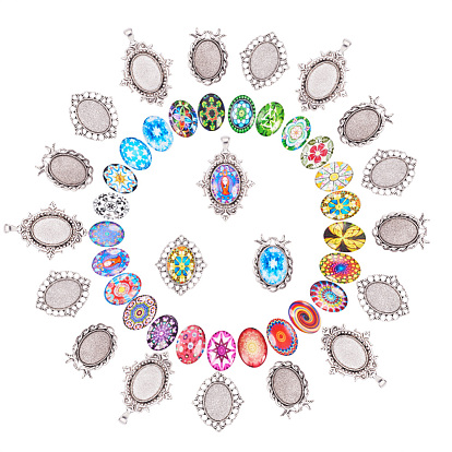 Ajustes de cabujón de aleación de estilo tibetano y cabujones de vidrio impreso de mosaico ovalado, oval