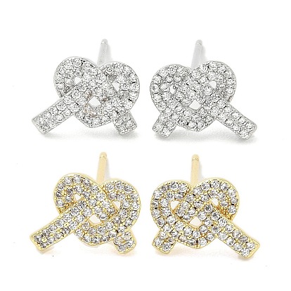 Rack Plating Brass Micro Pave Clear Cubic Zirconia Stud Earrings for Women, Cadmium Free & Lead Free, Long-Lasting Plated, Heart