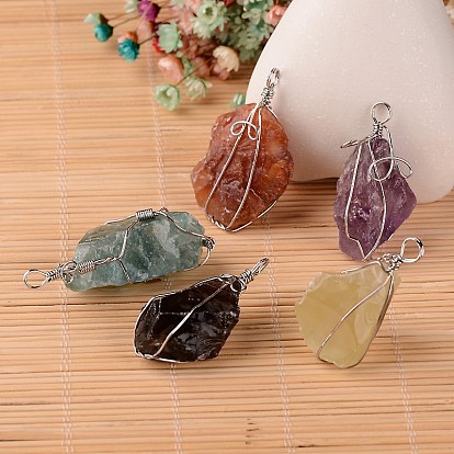 Natural Gemstone Nuggets Pendants, with Platinum Plated Brass Findings, 38~55x15~30x16~25mm, Hole: 5mm