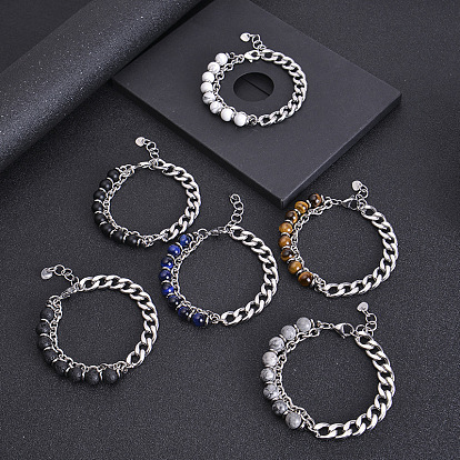 Bracelet pour hommes en acier inoxydable double couche en pierre d'oeil de tigre avec chaîne de perles en pierre naturelle