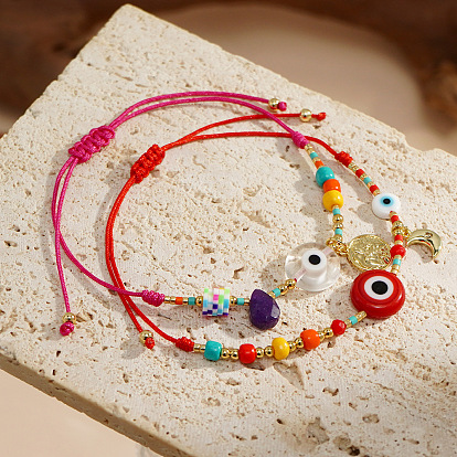 Браслеты с латунными подвесками ко Дню матери, Браслеты из стеклянного бисера и плетеного из смолы бисера для женщин, злые глаза