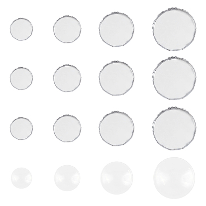 DIY 304 Stainless Steel Cabochon Making Kits, include Lace Edge Bezel Cups, Cabochon Settings, with Transparent Glass Cabochons