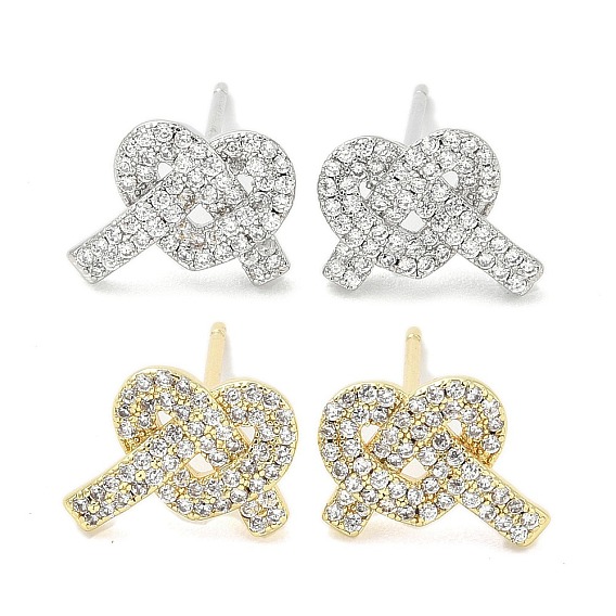 Rack Plating Brass Micro Pave Clear Cubic Zirconia Stud Earrings for Women, Cadmium Free & Lead Free, Long-Lasting Plated, Heart