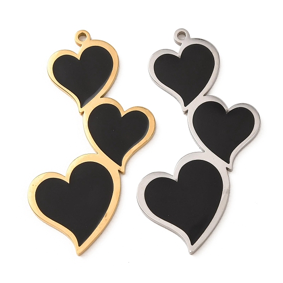 304 Stainless Steel with Black Enamel Pendants, Heart Charms