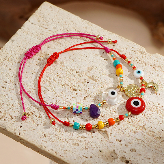Браслеты с латунными подвесками ко Дню матери, Браслеты из стеклянного бисера и плетеного из смолы бисера для женщин, злые глаза
