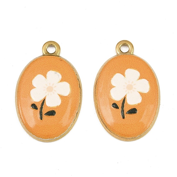 Printed 304 Stainless Steel Pendants, Oval with Flower Charms, Ion Plating(IP)