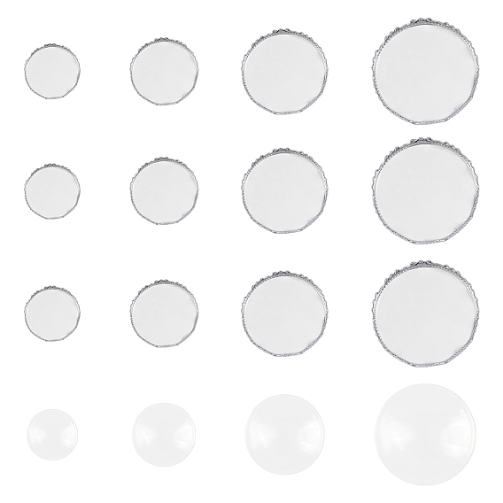 DIY 304 Stainless Steel Cabochon Making Kits, include Lace Edge Bezel Cups, Cabochon Settings, with Transparent Glass Cabochons
